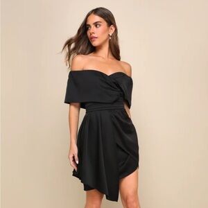 NWT Lulus Always Celebrating Black Satin Off-the-Shoulder Mini Dress Size S